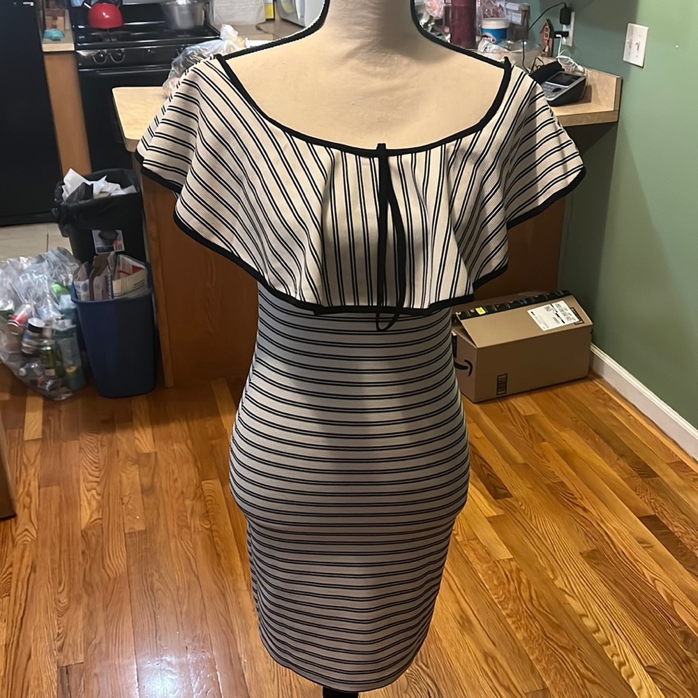 Off the shoulder bodycon black &white striped dress by Moon- Nasty Gal size Sm